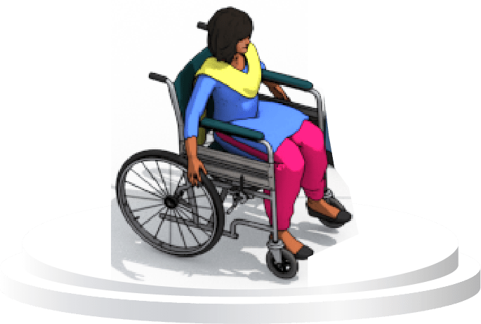 Image of Saksham (A girl in a wheel chair (blue top, pink pant and yellow dupatta) on a white platform